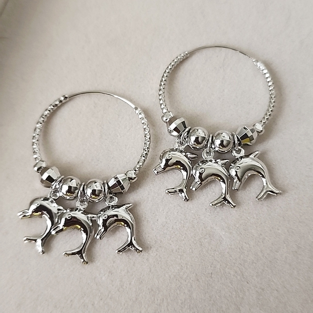 Silver Stainless Steel Hoop Earrings with Dolphin Charms